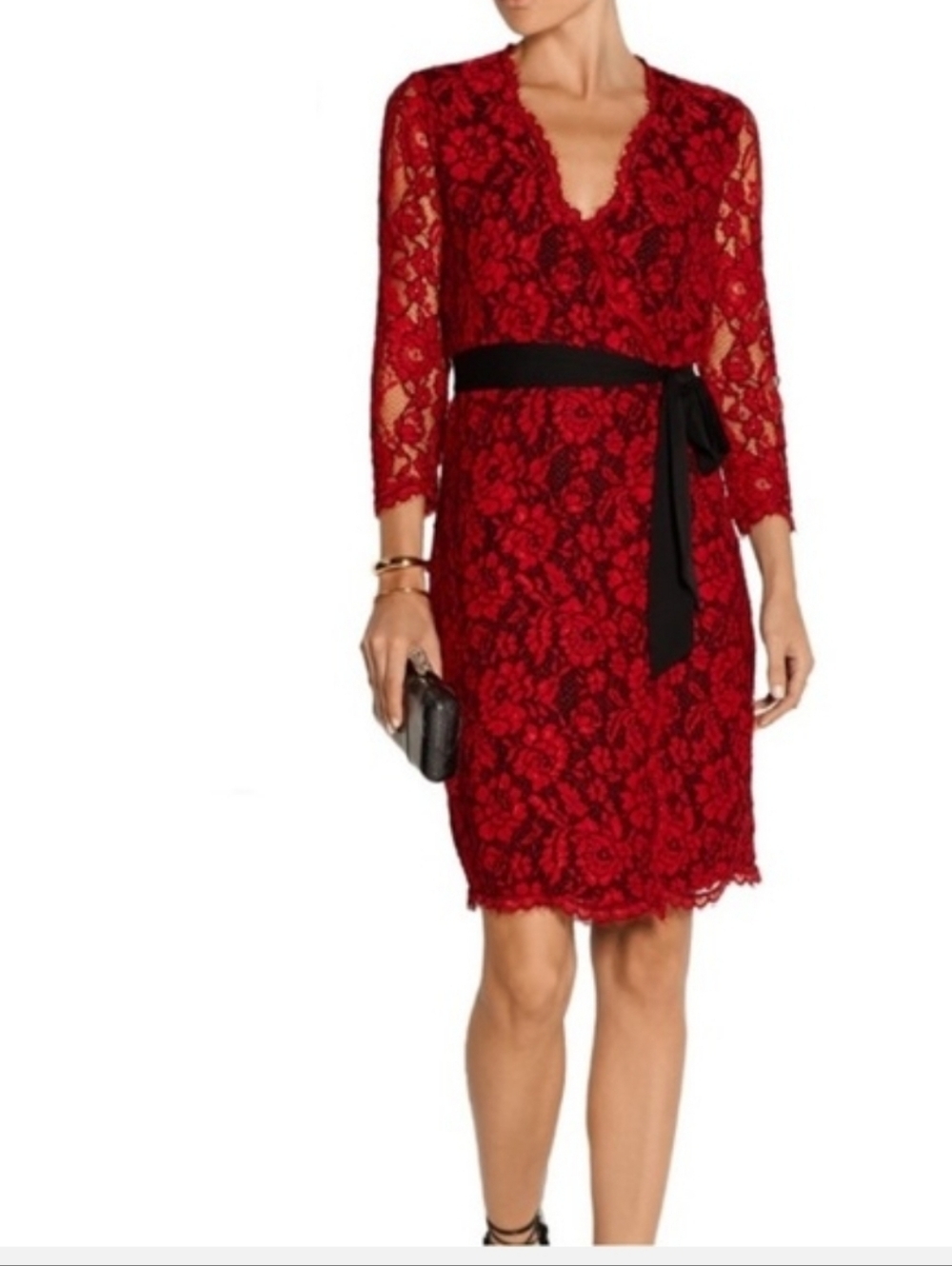 Diane Von Furstenberg Red Julianna Lace Sheath Dress with Black Wrap Tie